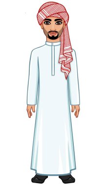 Arap adam geleneksel giysiler içinde animasyon portresi. Tam büyüme. Beyaz bir arka plan üzerinde izole vektör çizim.