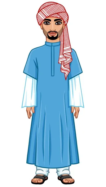 Animation Portrait Arab Man Traditional Clothes Full Growth Vector Illustration — Stock Vector