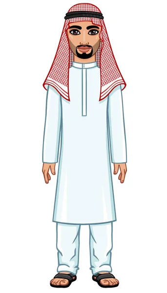动画肖像的阿拉伯男子在传统的衣服 全面增长 在白色背景上隔离的矢量插图 — 图库矢量图片