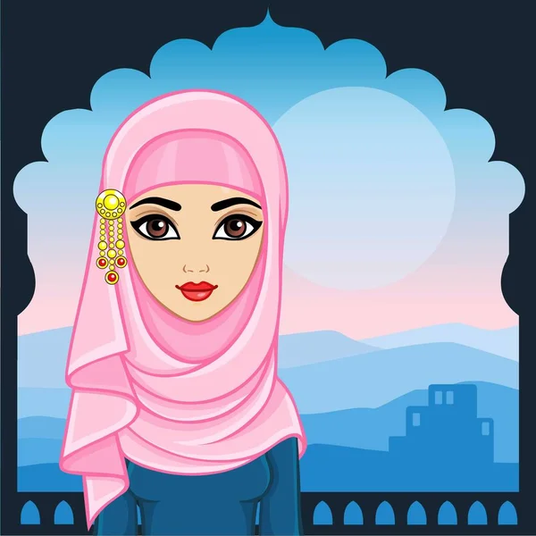 アニメーションの伝統的な服のアラブ少女の肖像画 宮殿の窓 山の風景 ベクトルの図 テキストのための場所 — ストックベクタ