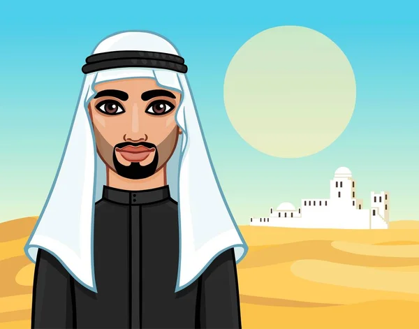 Retrato Animação Homem Árabe Roupas Tradicionais Fundo Uma Paisagem Deserto —  Vetores de Stock
