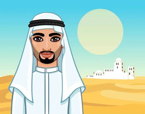 Animation Portrait Arab Man Traditional Clothes Background Landscape Desert White — Stock Vector