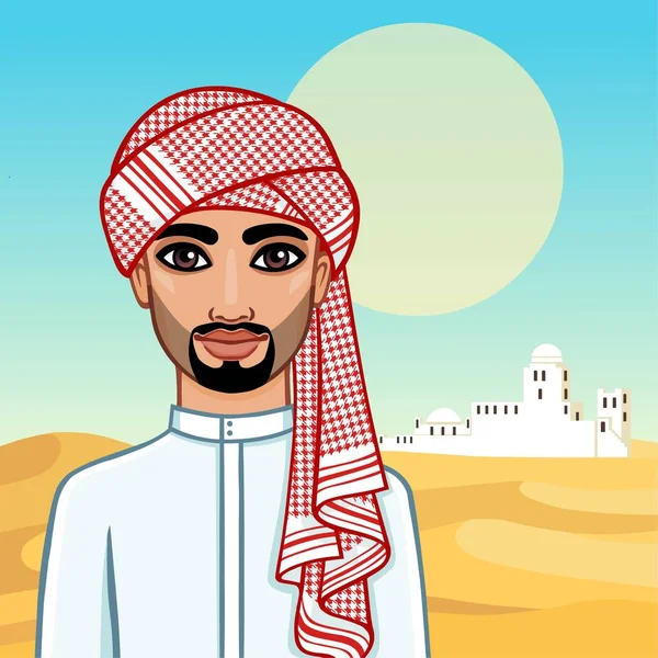 Animation Portrait Arab Man Traditional Clothes Background Landscape Desert White — Stock Vector