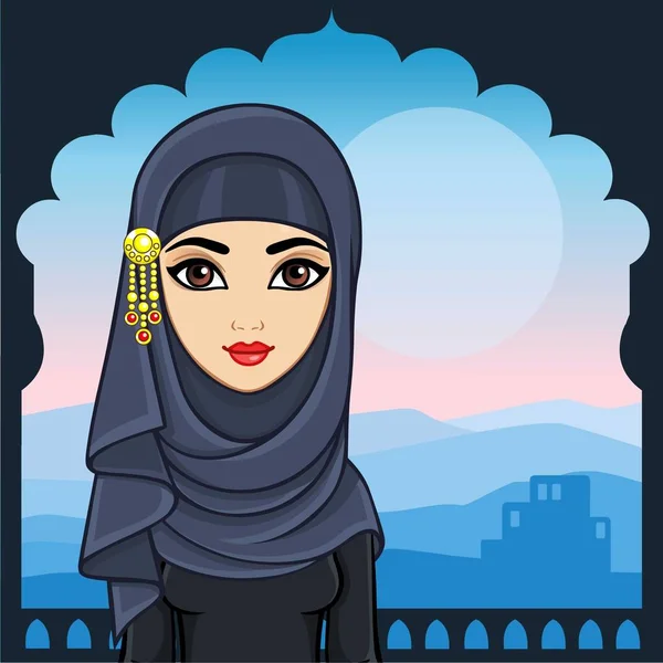 Animation Portrait Young Arab Girl Traditional Clothes Background Palace Window — Stock Vector