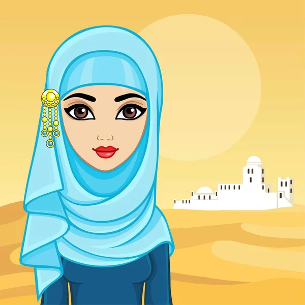 アニメーションの伝統的な服でアラブの女性の肖像画 砂漠白い都市の風景 ベクトルの図 テキストのための場所 — ストックベクタ