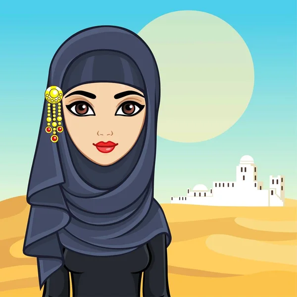 Portrait Animation Femme Arabe Vêtements Traditionnels Contexte Paysage Désert Ville — Image vectorielle