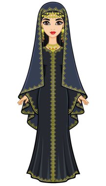 Eski takım elbiseli güzel Arap kadın portresi animasyon: uzun elbise, peçe. Tam büyüme. Beyaz bir arka plan üzerinde izole vektör çizim.