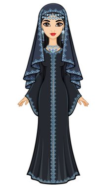 Eski takım elbiseli güzel Arap kadın portresi animasyon: uzun elbise, peçe. Tam büyüme. Beyaz bir arka plan üzerinde izole vektör çizim.