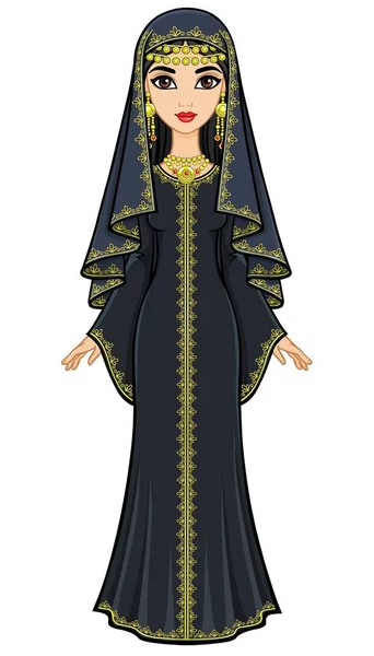 Gambar Animasi Wanita Arab Cantik Dalam Setelan Kuno Gaun Panjang - Stok Vektor