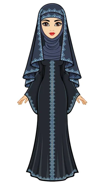 Анимационный Портрет Красивой Арабки Старинном Костюме Длинное Платье Вуаль Хиджаб — стоковый вектор