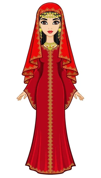 Portrait Animation Belle Femme Arabe Costume Ancien Robe Longue Voile — Image vectorielle