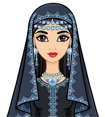 Animasyon antik giysili güzel Arap kadın portresi. Beyaz bir arka plan üzerinde izole vektör çizim.