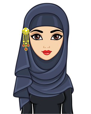 Animasyon bir hijab güzel genç Arap kadın portresi. Beyaz bir arka plan üzerinde izole vektör çizim.