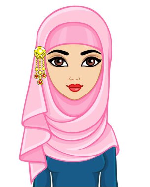 Animasyon bir hijab güzel genç Arap kadın portresi. Beyaz bir arka plan üzerinde izole vektör çizim.