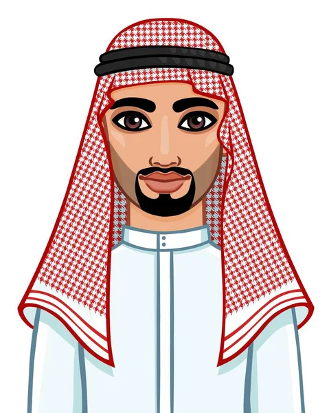 Animation Portrait Arab Man Traditional Clothes Vector Illustration Isolated White — Stock Vector