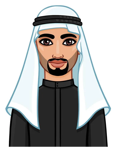 Animation Portrait Arab Man Traditional Clothes Vector Illustration Isolated White — Stock Vector