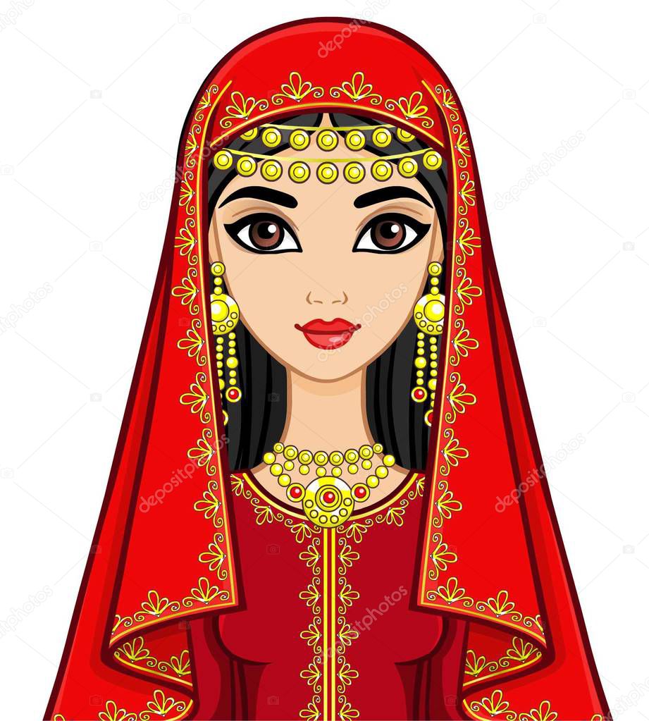 Animation portrait of the beautiful Arab woman in ancient clothes. Vector illustration isolated on a white background.