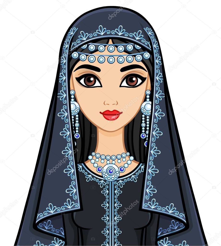 Animation portrait of the beautiful Arab woman in ancient clothes. Vector illustration isolated on a white background.