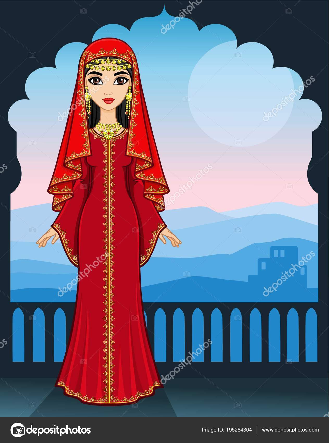 Animation Portrait Beautiful Arab Girl Standing Background Palace Window  Mountain Stock Vector Image by ©Roomyana #195264304