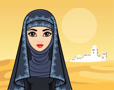 Animasyon antik giysili güzel Arap kadın portresi. Arka plan - bir manzara çölde, bir siluet beyaz şehir, Saray. Metin için yer. Vektör çizim.