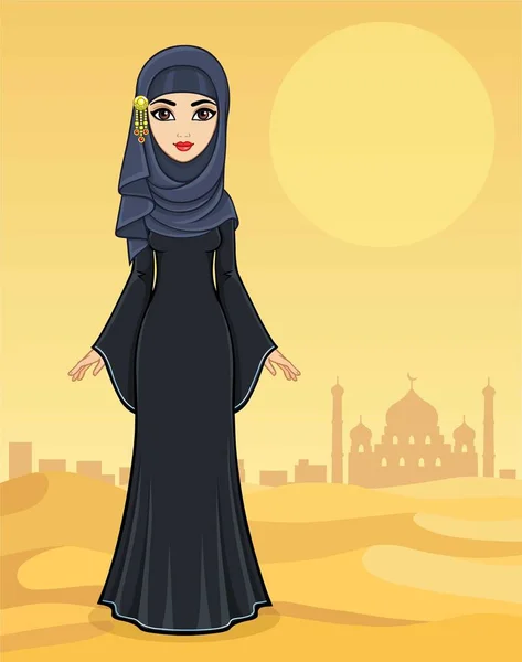Animationsporträt Der Schönen Araberin Antiken Kleidern Vektorillustration Hintergrund Eine Wüstenlandschaft — Stockvektor