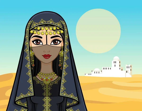 Portrait Animation Belle Femme Arabe Vêtements Anciens Contexte Paysage Désert — Image vectorielle