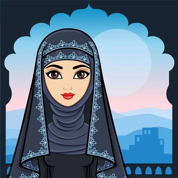 Portret Van Animatie Van Het Prachtige Arabische Meisje Permanent Tegen — Stockvector