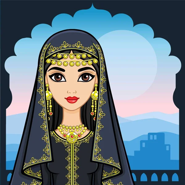 Animation Portrait Beautiful Arab Girl Standing Background Palace Window Night — Stock Vector