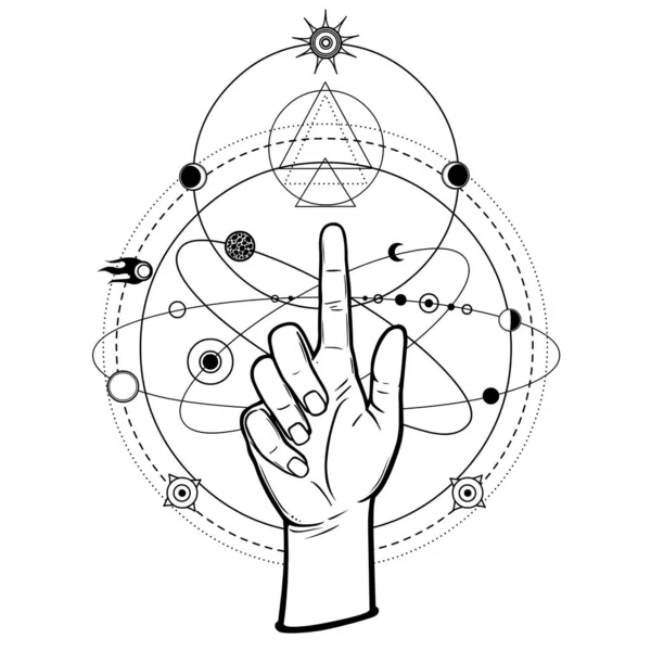 Мистический Рисунок Человеческая Рука Указывает Космические Символы Монохромная Векторная Иллюстрация — стоковый вектор