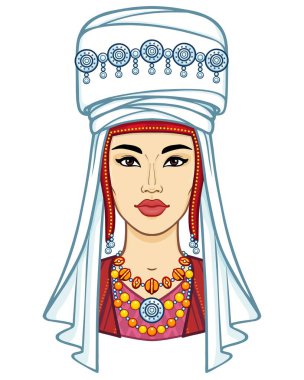 Asyalı güzellik. Antik ulusal türban güzel bir kız animasyon portre. Evli bir kadının başlığı. Orta Asya. Vektör illüstrasyon izole. Gri arka plan. Baskı, poster, t-shirt, kart.