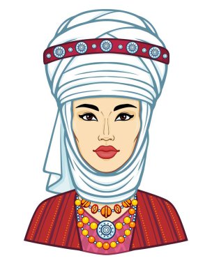 Asyalı güzellik. Antik ulusal türban güzel bir kız animasyon portre. Evli bir kadının başlığı. Orta Asya. Vektör illüstrasyon izole. Gri arka plan. Baskı, poster, t-shirt, kart.