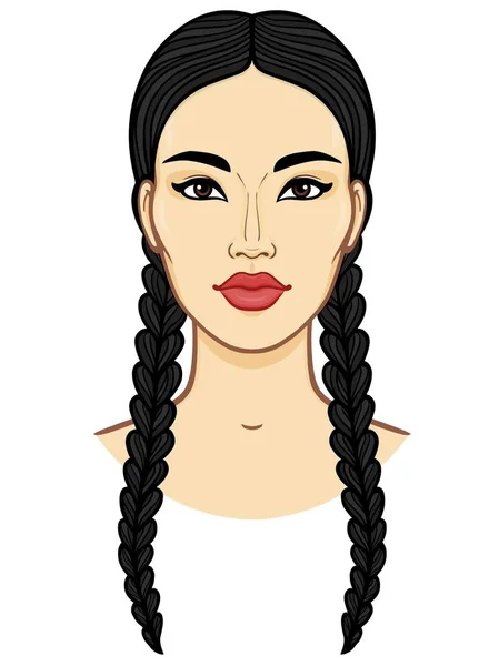 Belleza Asiática Retrato Animación Una Hermosa Chica Con Trenzas Ilustración — Vector de stock