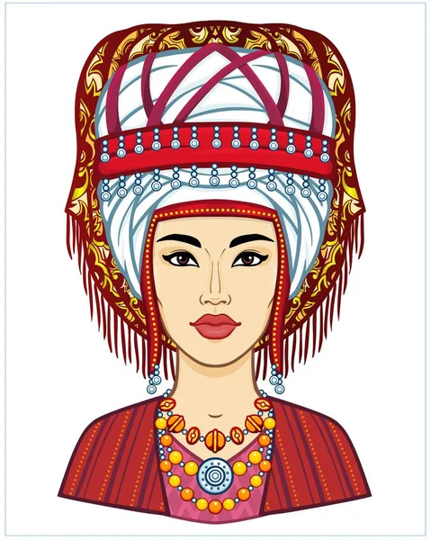 Asijská Krása Animovaný Portrét Nádherné Dívky Starověkém Národním Turbanu Adresa — Stockový vektor