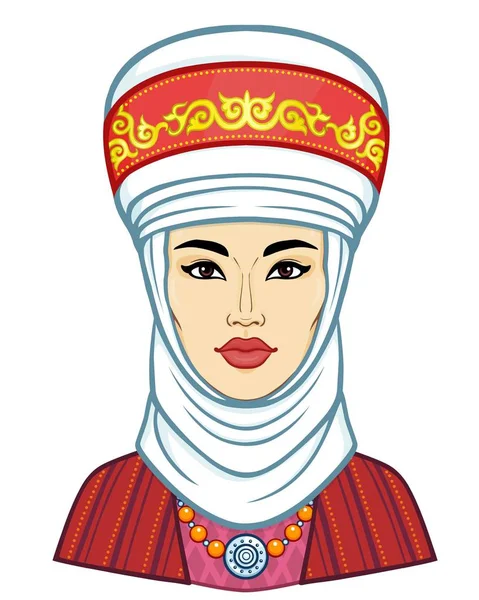 Beauté Asiatique Portrait Animation Une Belle Fille Dans Ancien Turban — Image vectorielle