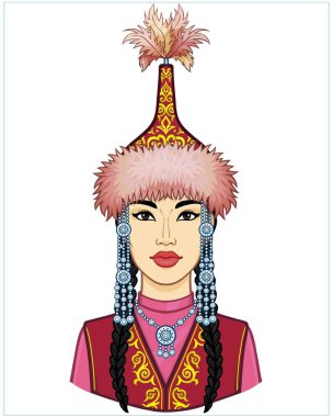 Asyalı güzellik. Antik milli şapkalı ve mücevherli güzel bir kızın animasyon portresi. Orta Asya. Vektör illüstrasyonu izole edildi. Yazdır, poster, tişört, kart.