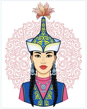 Asyalı güzellik. Antik ulusal kap ve takı güzel bir kız Animasyon portre. Kırmızı etnik desen. Orta Asya. Vektör illüstrasyon izole. Baskı, poster, t-shirt, kart.