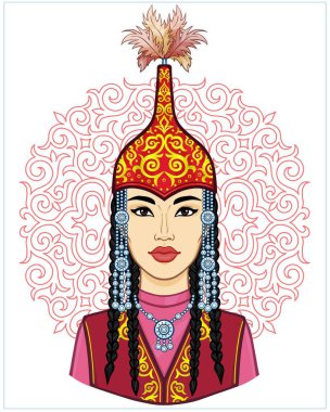 Asyalı güzellik. Antik ulusal kap ve takı güzel bir kız Animasyon portre. Kırmızı etnik desen. Orta Asya. Vektör illüstrasyon izole. Baskı, poster, t-shirt, kart.