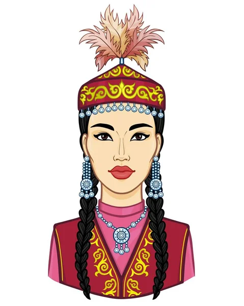 Asyalı Güzellik Antik Milli Şapkalı Mücevherli Güzel Bir Kızın Animasyon — Stok Vektör