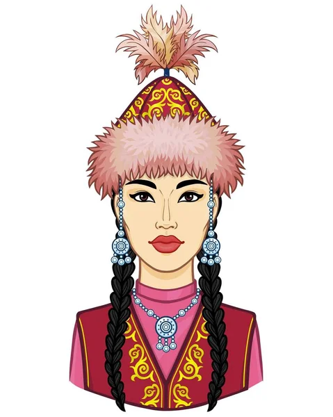 아시아의 아름다움 국가의 모자와 보석으로 아름다운 소녀의 애니메이션 초상화 중앙아시아 — 스톡 벡터