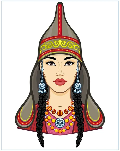 アジアの美しさ古代の国家のキャップとジュエリーの美しい少女のアニメーションの肖像画 中央アジア ベクトルイラスト分離 ポスター Tシャツ カード — ストックベクタ