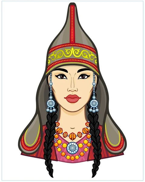 Asian Beauty Animation Portrait Beautiful Girl Ancient National Cap Jewelry — Stock Vector