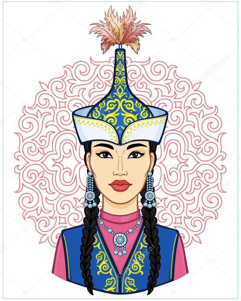 Asian beauty. Animation portrait of a beautiful girl in ancient national cap and jewelry. Red ethnic pattern. Central Asia. Vector illustration isolated. Print, poster, t-shirt, card.