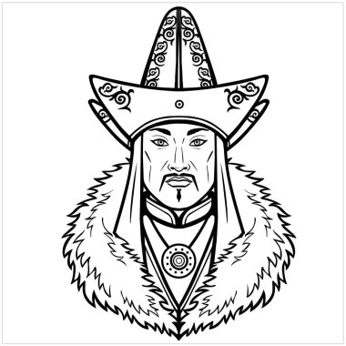 Animation portrait of an Asian man warrior in ancient clothes. Central Asia. Vector monochrome illustration isolated on a white background. Print, poster, t-shirt, card. coloring book. clipart