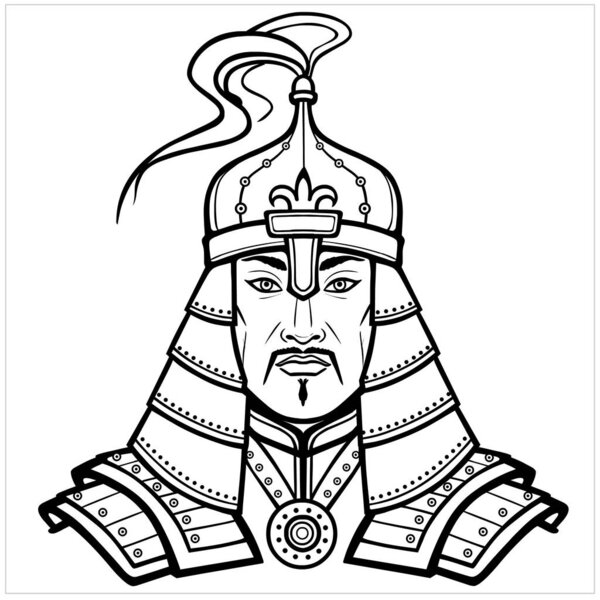 Анимационный портрет воина-азиата в древних доспехах. Центральная Азия. Векторная монохромная иллюстрация изолирована на белом фоне. Печать, плакат, футболка, открытка. раскраска
.