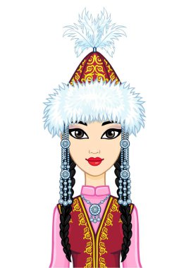 Asyalı güzellik. Antik milli şapkalı ve mücevherli güzel bir kızın animasyon portresi. Orta Asya. Beyaz arkaplanda izole edilmiş vektör illüstrasyonu. Yazdır, poster, tişört, kart.