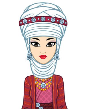 Asyalı güzellik. Antik ulusal türbanlı güzel bir kızın animasyon portresi. Evli bir kadının başlığı. Orta Asya. Vektör illüstrasyonu izole edildi. Beyaz arka plan. Yazdır, poster, tişört, kart.