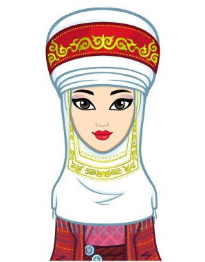 Asyalı güzellik. Antik ulusal türbanlı güzel bir kızın animasyon portresi. Evli bir kadının başlığı. Orta Asya. Vektör illüstrasyonu izole edildi. Beyaz arka plan. Yazdır, poster, tişört, kart.