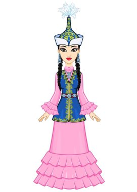 Asyalı güzellik. Antik milli şapkalı ve mücevherli güzel bir kızın animasyon portresi. Tam gelişim. Orta Asya. Beyaz arkaplanda izole edilmiş vektör illüstrasyonu. 