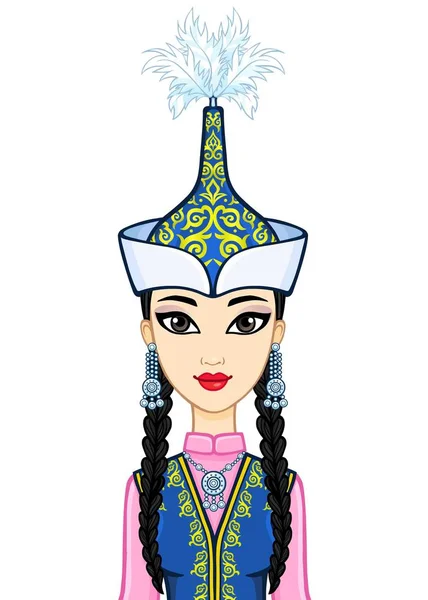 Asian Beauty Animation Portrait Beautiful Girl Ancient National Cap Jewelry — 스톡 벡터