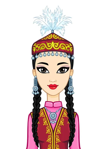 アジアの美しさ古代の国家のキャップとジュエリーの美しい少女のアニメーションの肖像画 中央アジア 白い背景にベクトルイラストが孤立しています ポスター Tシャツ カード — ストックベクタ